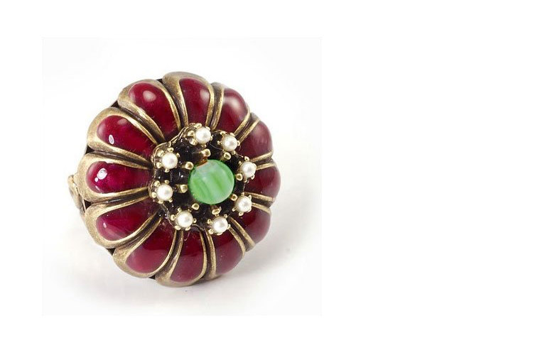 Special Design 1960 Plum Enamel Marigold "Vibrant" Emerald Red Enamel Ring with Bronze Filigree Artisan Ring in Gold