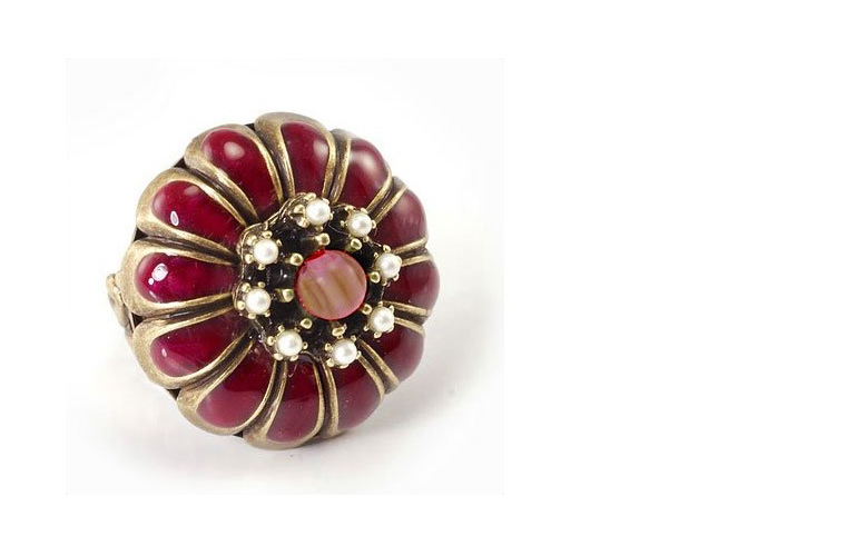 Special Design 1960 Plum Enamel Marigold "Vibrant" Ruby Red Enamel Ring with Bronze Filigree Artisan Ring in Gold