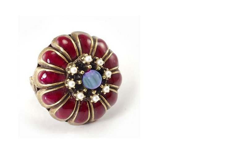 Special Design 1960 Plum Enamel Marigold "Vibrant" Cabochon Sappphire Red Enamel Ring with Bronze Filigree Artisan Ring in Gold