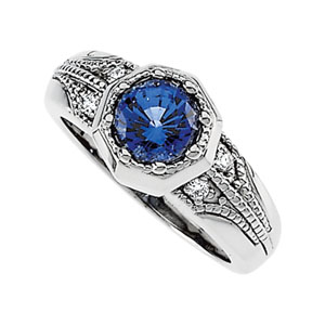 Blue Sapphire Border Ring with Diamond Accents