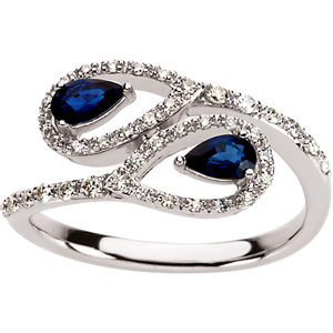 Blue Sapphire & Diamond Curved  Crossover Ring
