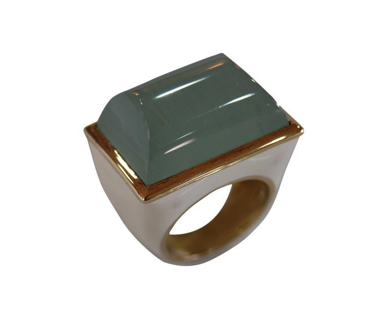 Brazilian Aquamarine Crystal Enamel Rectangle Ring in Gold