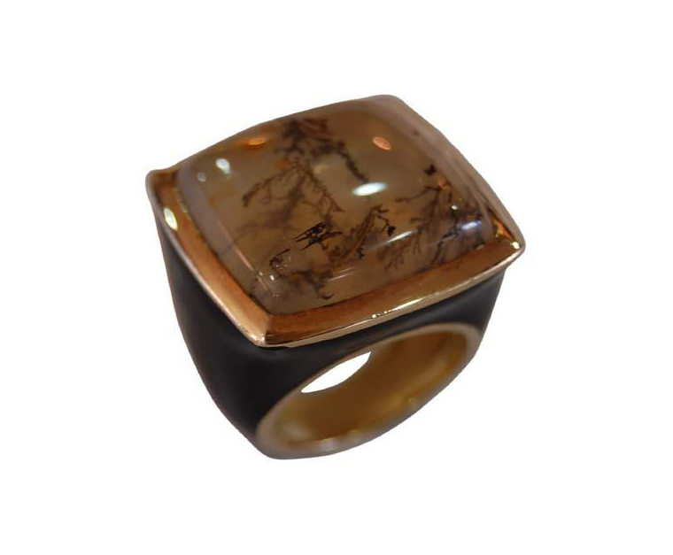 Moss Agate Crystal Enamel Rectangle Ring in Gold