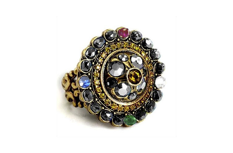 Olivine and Hematite Crystal Ruby Emerald Sapphire Diamond Medallion Ring in Gold