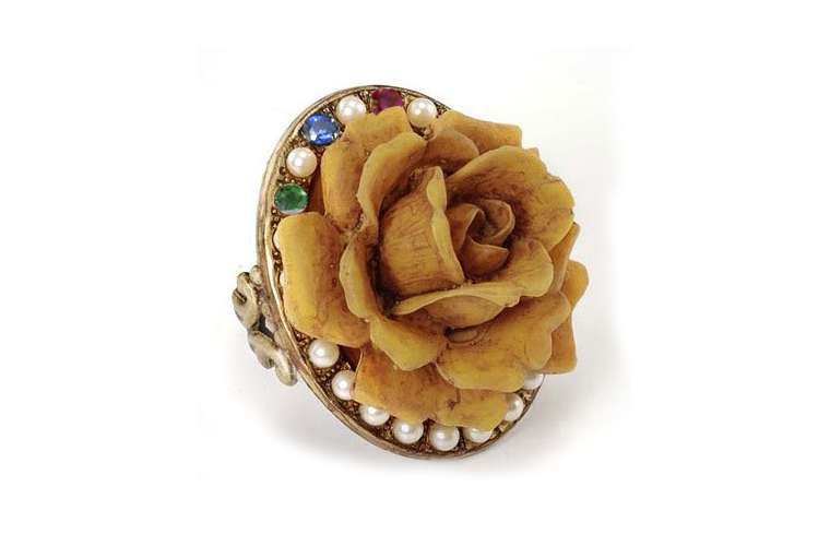 Romantic Vintage Inspired Gold Pearl Ruby Emerald Sapphire Blooming Rose Ring