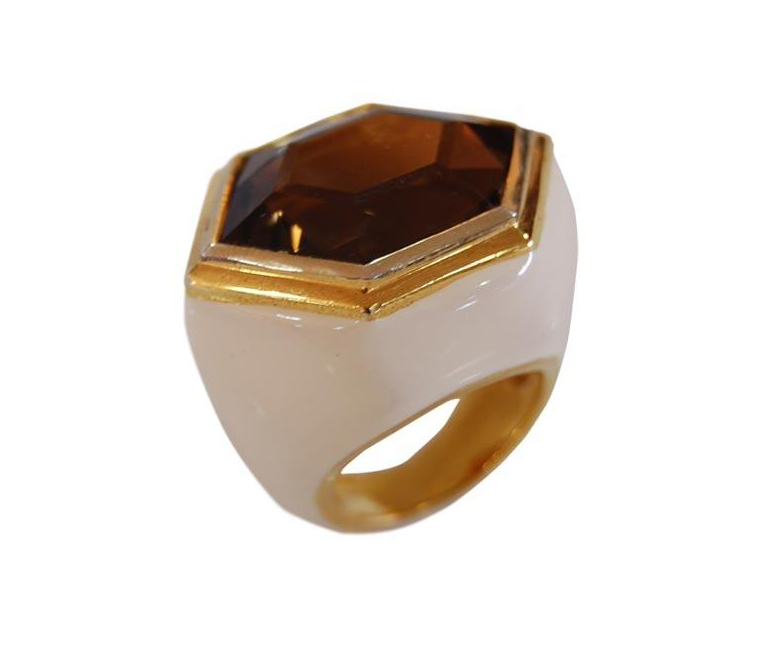 Smoky Quartz Enamel Hexagon Ring in Gold