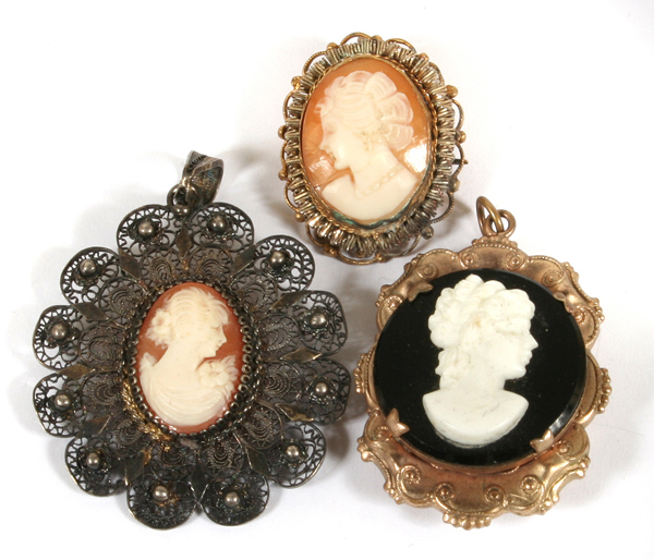 Ancient Three Cameo Pendant & Brooch, Masterpiece 1st Onyx Cameo in Gold with Diamond & Rubies Given by Pope Clement has Bust of Hercules, 2nd Onyx Cameo of Diana with French Gold Frame, 3rd is Miniature Altarpiece with Gold Triptych & Pieta Foot Cross