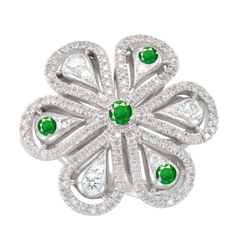Antique, Micropave, Emerald, Diamond Flower Ring