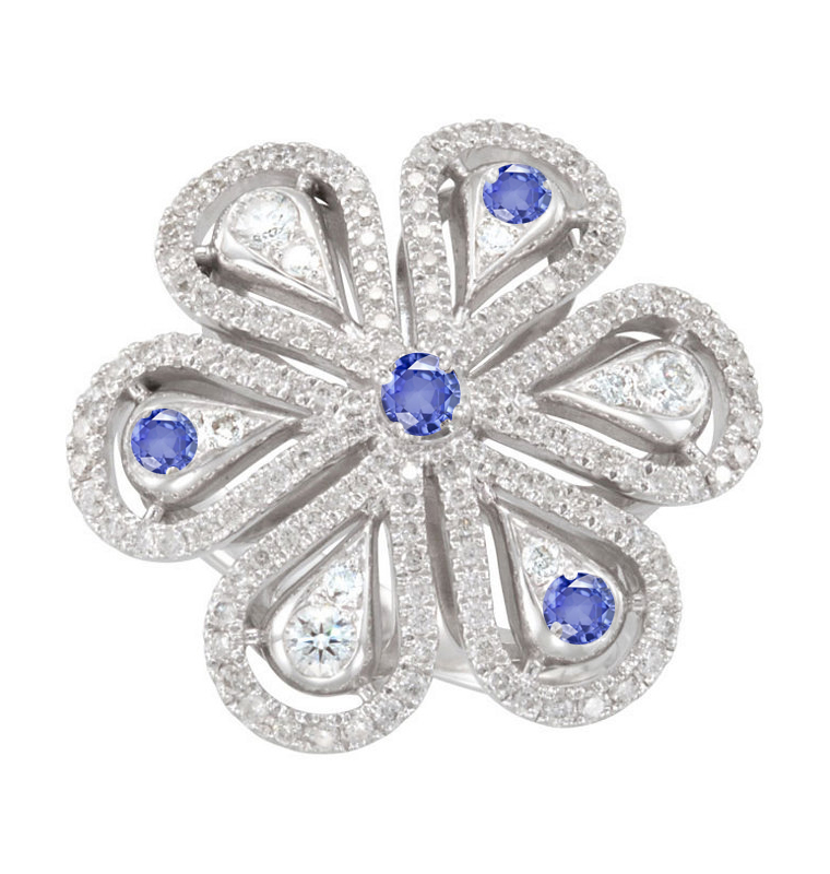 Platinum & Gold Special Design Artisan, Antique, Milgrain, Filigree Micropave, "Vibrant" Sapphire Diamond Flower Diamond Petal Ring