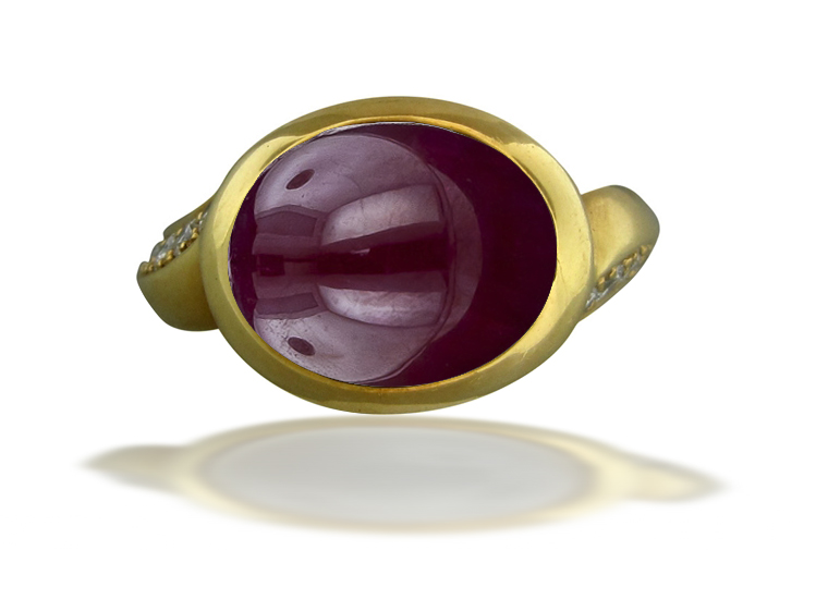 Image of Art Nouveau Gold Bright Cherry Luscious Red Deeply Saturated Ruby Cabochon Ring Flanked with Round Diamonds