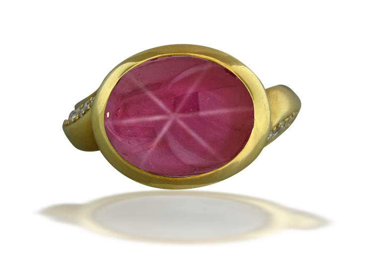 Image of Art Nouveau Gold Bright Cherry Luscious Red Deeply Saturated Six Ray Star Ruby Cabochon Ring Flanked with Round Diamonds