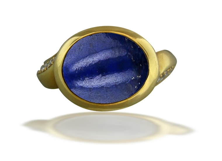Image of Art Nouveau Gold Bright Blue Luscious Deeply Saturated Lapis Lazuli Cabochon Ring Flanked with Round Diamonds