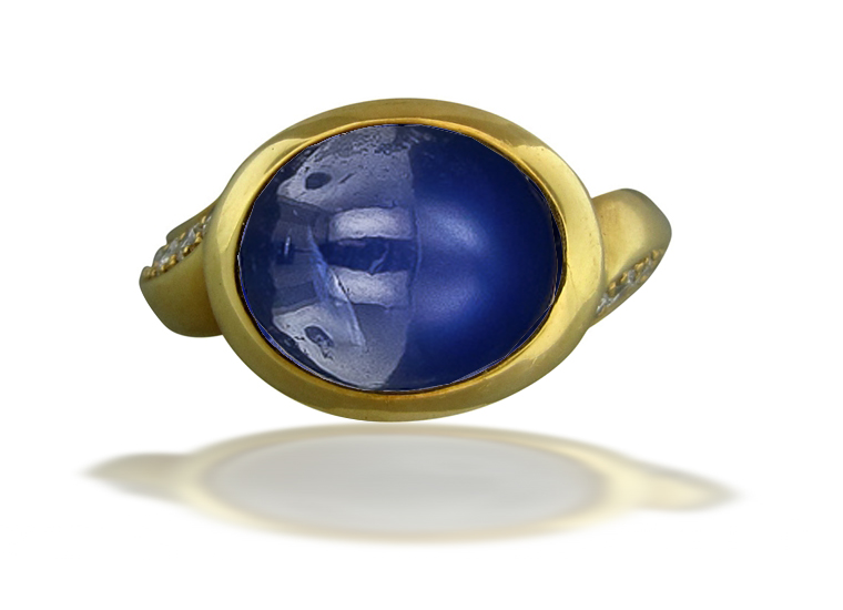 Image of Art Nouveau Gold Bright Blue Luscious Deeply Saturated Sapphire Cabochon Ring Flanked with Round Diamonds