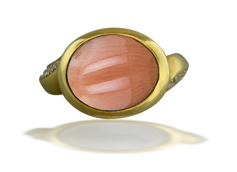 Image of Art Nouveau Gold Bright Pink Luscious Deeply Saturated Coral Cabochon Ring Flanked with Round Diamonds