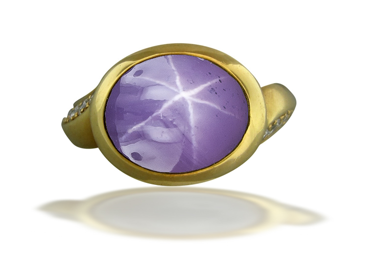 Image of Art Nouveau Gold Bright Vibrant Blue Star Sapphire Cabochon Ring Flanked with Round Diamonds