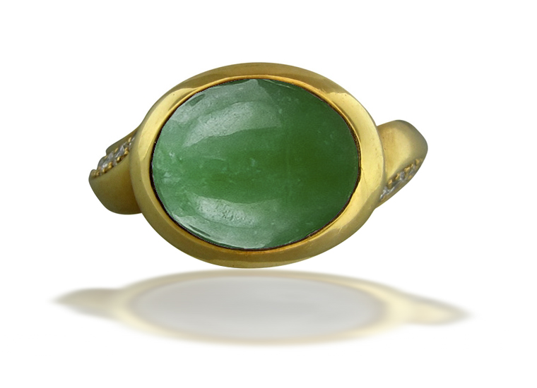 Image of Art Nouveau Gold Bright Vibrant Natural Color Deep Candy Apple Green Jadeite Burma Jade Cabochon Ring Flanked with Round Diamonds