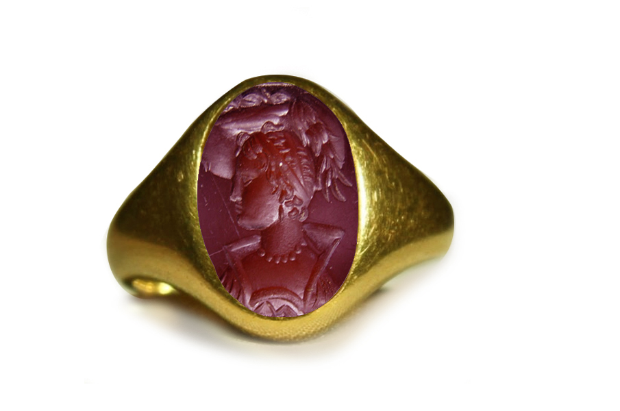 Authentic Ancient Signet Rings with Rich Blood Red Color with Trade from Burma Ruby Gold Signet Ring a Roman Emporer with Flowers Leafs, Roman Court Gem Engraver Benedetto Pistrucci & Goldsmith Castellani Workshop with Designs, Copies & Images