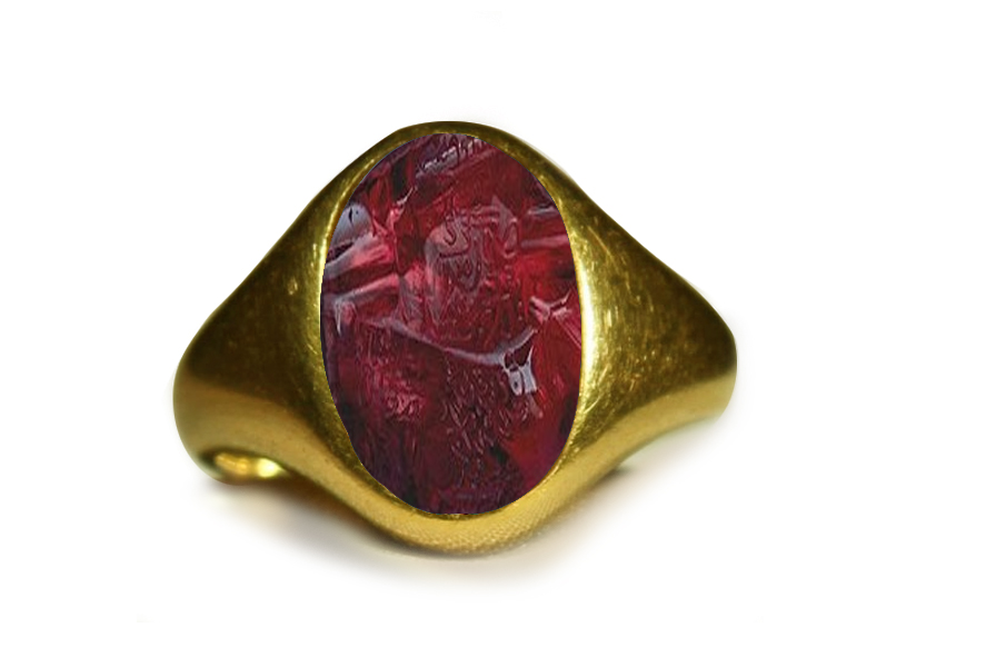Authentic Ancient Signet Rings with Rich Blue Color & Vibrant Trade from Burma Sapphire in Gold Signet Ring Depicting a Head of a Royal- Emblem Warrior, Goldsmith Designs, Copies & Images, Artist Antonio Berini Gem-cutter in Roman Court