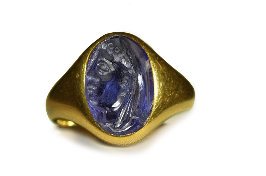 Authentic Ancient Signet Rings with Rich Blue Color & Vibrant Trade from Burma Sapphire in Gold Signet Ring Depicting A Head of A Roman Emporer, Goldsmith Designs, Copies & Images, Artist Florentine Gem Cutter of the time of Lorenzo de Medici (1449 -1492) Workshop Roman & French Courts
