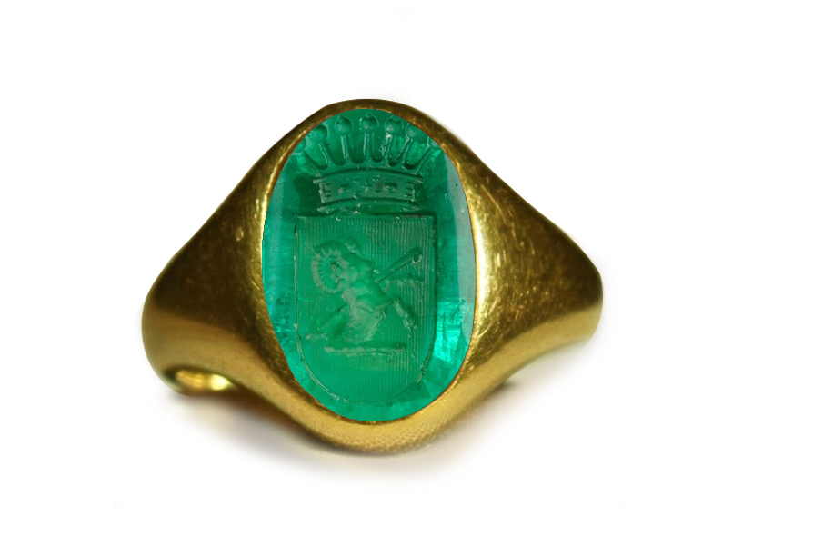 Authentic Ancient Signet Rings with Rich Green Color & Vibrant Egypt Emerald Red Sea in Gold Signet Ring Depicting A Ram and A Crown Jewel, Roman Court Gem-cutter Antonio Berini, Goldsmith Designs, Copies & Images, Artist Florentine Gem Cutter of the time of Lorenzo de Medici (1449 -1492) Workshop Roman & French Courts