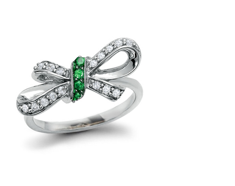 Georgian Diamond Ribbon & Emerald Bow Ring in Gold