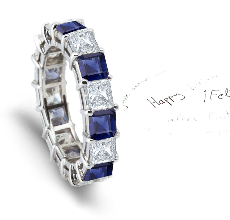Sapphire Diamond Princess Cut Eternity Rings