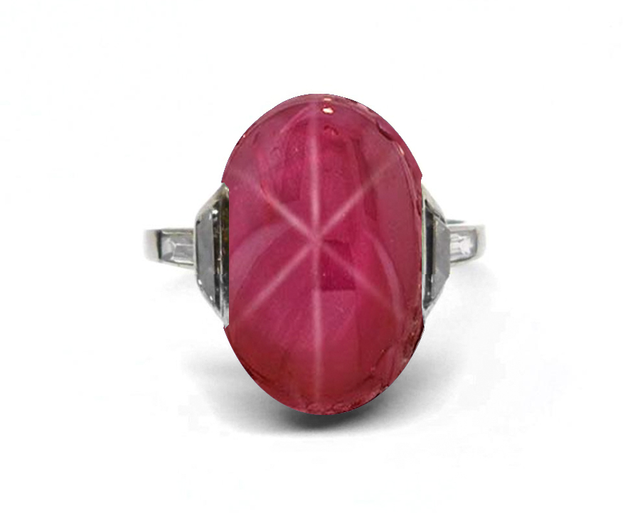 Edwardian, Belle Epoque, French Platinum, Bright Cherry Luscious Red, Deeply Saturated Six Ray Star Ruby Cabochon Ring Flanked with Baguette Diamonds