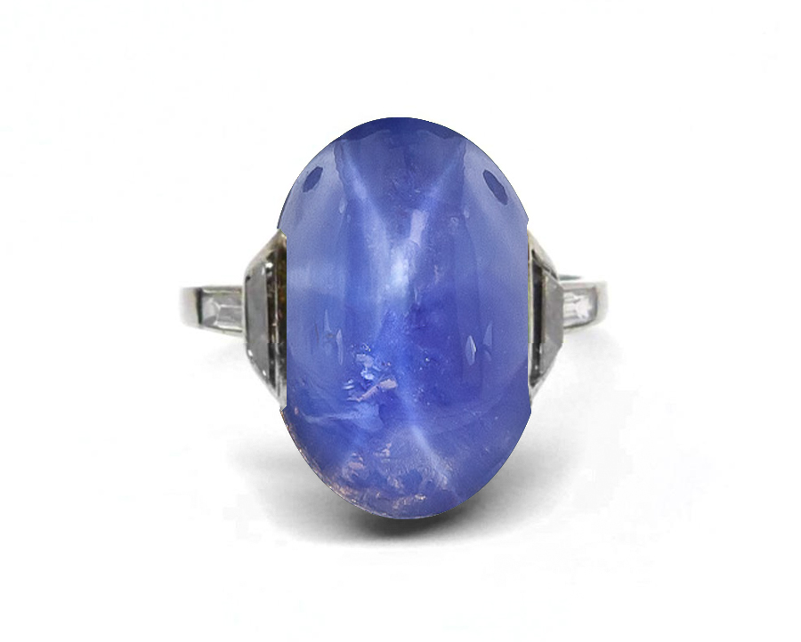 Edwardian, Belle Epoque, French Platinum, Bright Blue Luscious, Deeply Saturated Star Sapphire Cabochon Ring Flanked with Baguette Diamonds