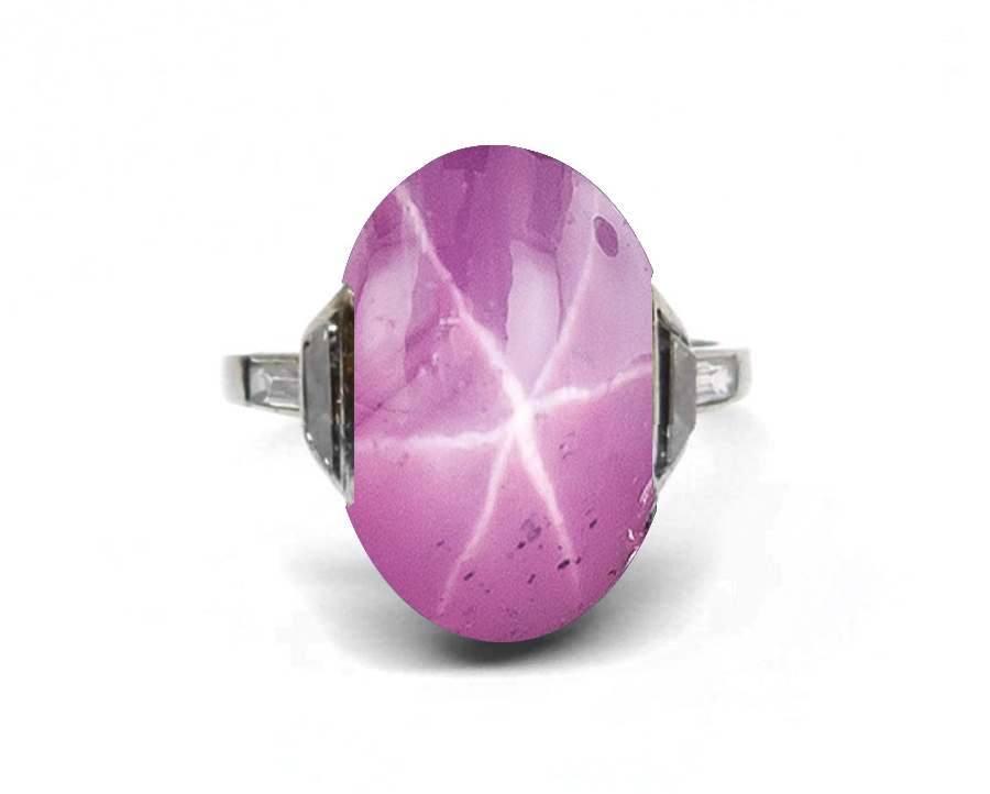 Edwardian, Belle Epoque, French Platinum, Bright Pink Luscious, Deeply Saturated Star Sapphire Cabochon Ring Flanked with Baguette Diamonds