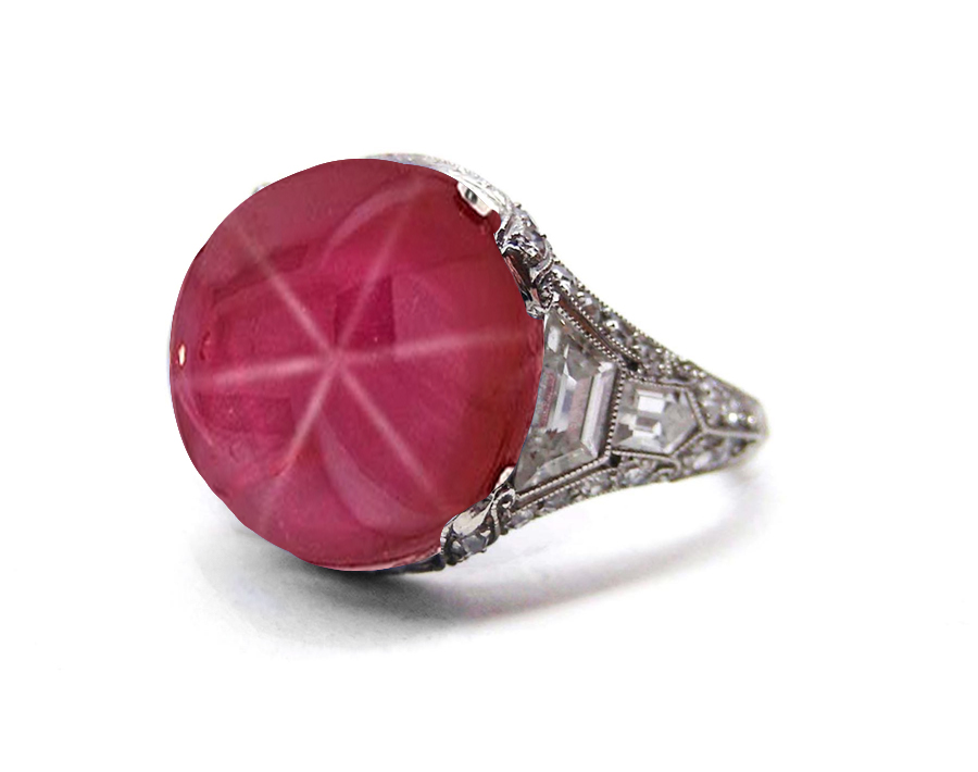 Edwardian, Belle Epoque, French Platinum, Bright Red Luscious, Deeply Saturated Star Ruby Cabochon Ring Flanked with Baguette Diamonds