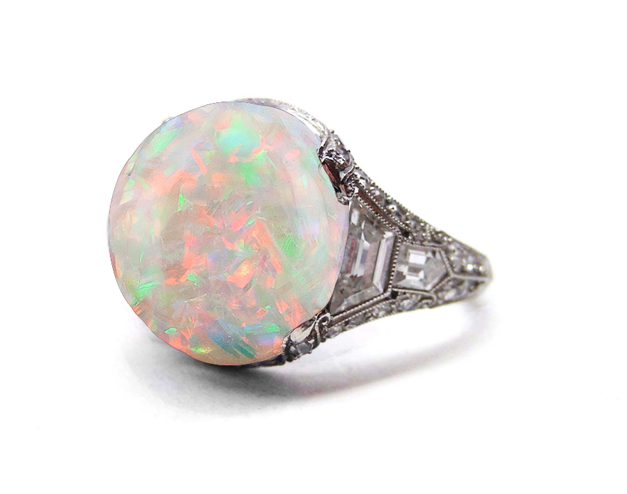 Image of Edwardian, French, Belle Epoque, Platinum, Milgrain, Filigree, Bright Cherry, Luscious Multi-Color, Deeply Saturated, Opal Cabochon Ring Flanked with Trapezoid Bullet Diamonds Gallery Framework