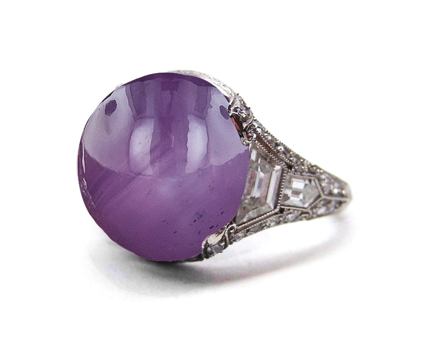 Image of Edwardian, French, Belle Epoque, Platinum, Milgrain, Filigree, Bright Purple, Luscious, Deeply Saturated, Sapphire Cabochon Ring Flanked with Trapezoid Bullet Diamonds Gallery Framework