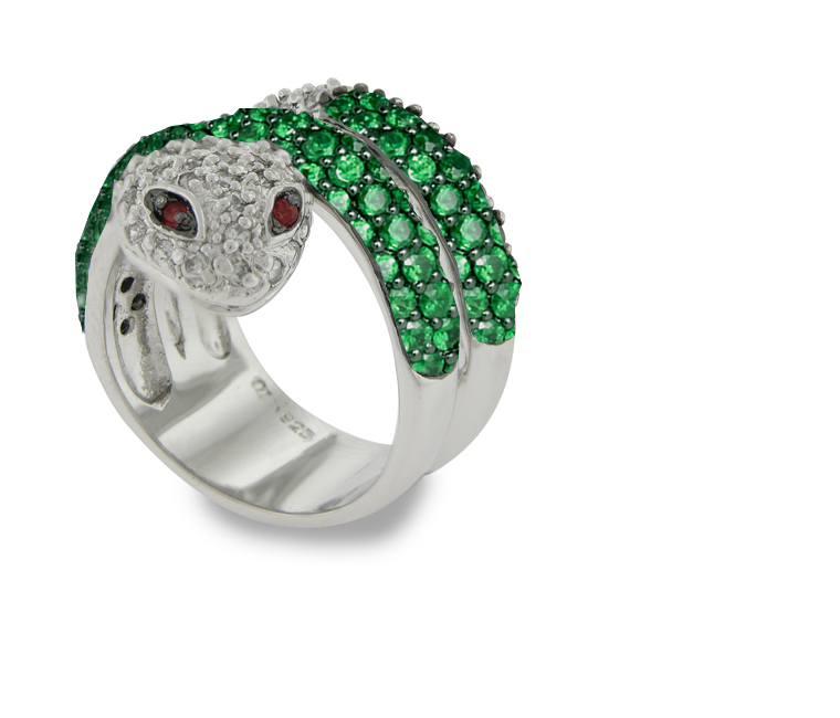 Micropave Diamond Emerald Double Wrap Gold Snake Ring