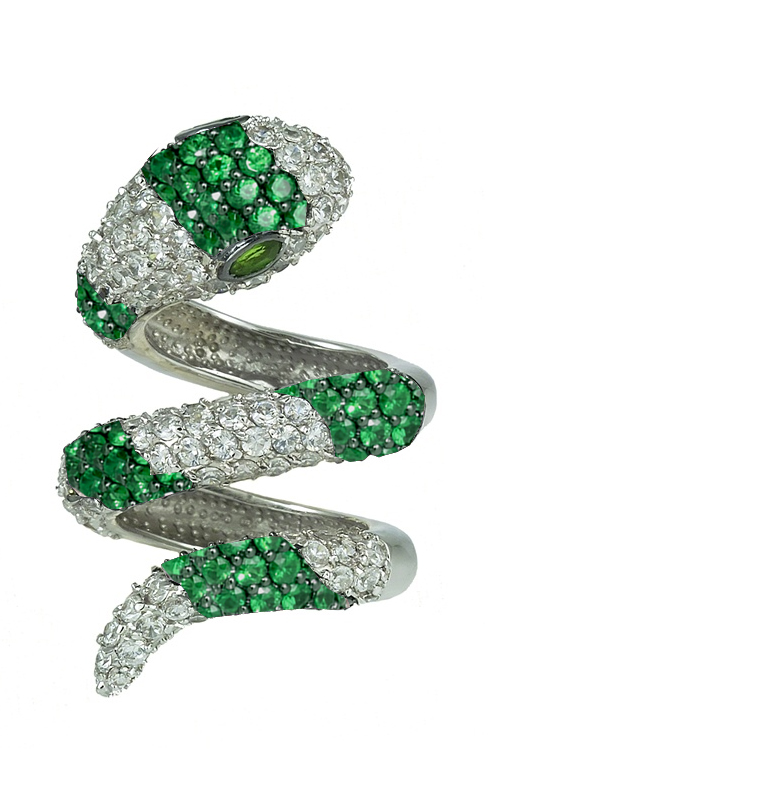 Micropave Diamond Emerald Single Wrap Gold Snake Ring