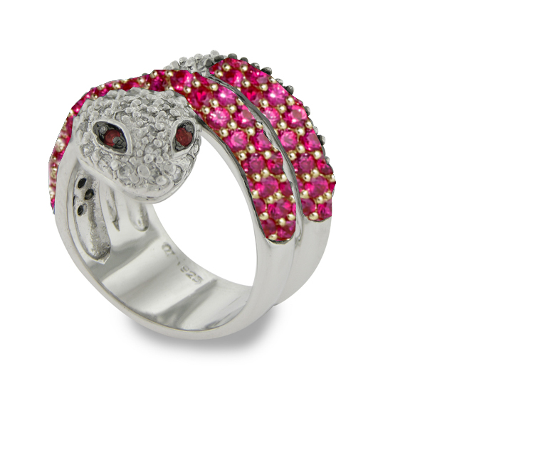 Micropave Diamond Ruby Double Wrap Gold Snake Ring