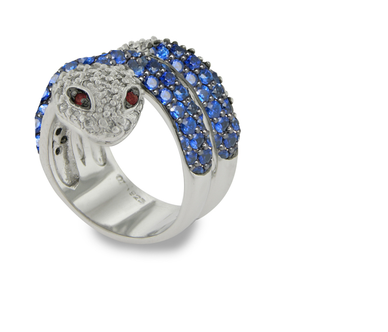 Micropave Diamond Sapphire Double Wrap Gold Snake Ring
