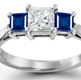 Princess Blue Sapphire Curved Shank Three Stone Ring with Diamonds in 14k White Gold (7X5 mm) 