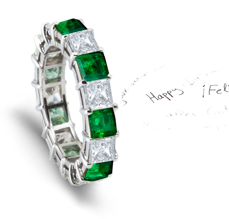 Emerald Diamond Princess Cut Eternity Rings