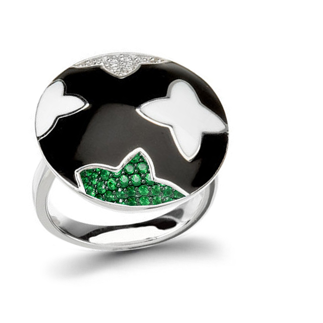 Star Diamond Emerald Black Enamel Ring