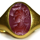 Ancient
Rich Blue Color & Vibrant Burma Sapphire in Gold Signet Ring Depicting A Roman Emporer