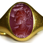 Ancient
Rich Blue Color & Vibrant Burma Sapphire in Gold Signet Ring Depicting A Roman Emporer