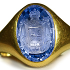 Ancient Rich Blue Color & Vibrant Burma Sapphire in Gold Signet Ring Head of a Royal Emblem