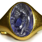 Ancient
Rich Blue Color & Vibrant Burma Sapphire in Gold Signet Ring Depicting A Roman Emporer