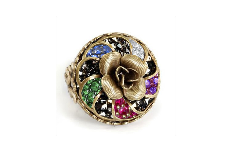 Large Pyrite Crystal Rocks Ruby Emerald Sapphire Diamond Amethyst and Bronze Flower Dome Ring