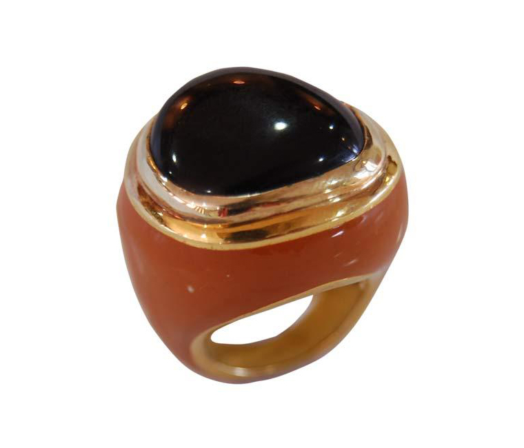 Tumbled Smoky Quartz Crystal Enamel Hexagon Ring in Gold