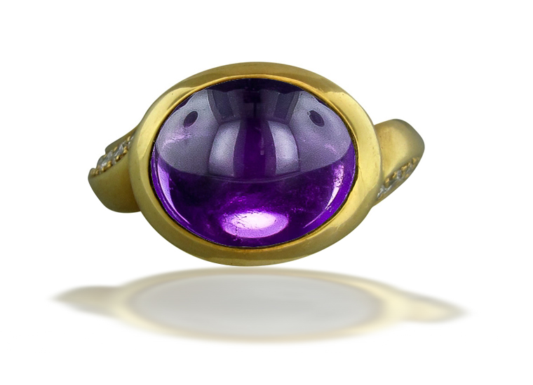 Image of Art Nouveau Gold Bright Purple Luscious Deeply Saturated Amethyst Cabochon Ring Flanked with Round Diamonds