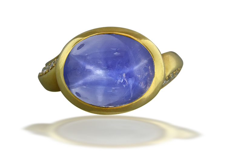 Image of Art Nouveau Gold Bright Vibrant Blue Star Sapphire Cabochon Ring Flanked with Round Diamonds