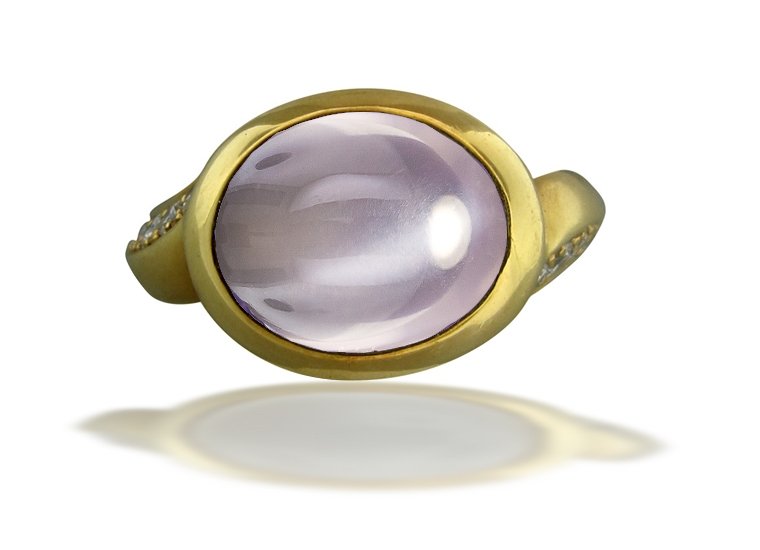 Image of Art Nouveau Gold Bright Vibrant Blue Star Sapphire Cabochon Ring Flanked with Round Diamonds