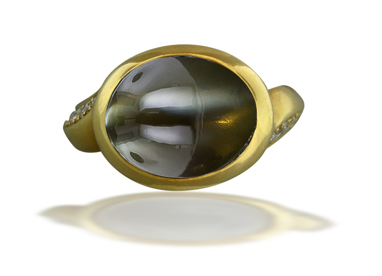 Image of Art Nouveau Gold Bright Vibrant Chrysoberyl Cats Eye Cabochon Ring Flanked with Round Diamonds