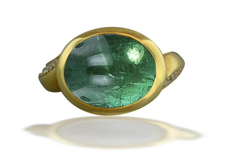 Image of Art Nouveau Gold Bright Pink Luscious Deeply Saturated Coral Cabochon Ring Flanked with Round Diamonds